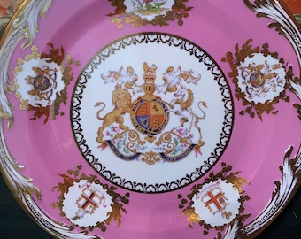 Pink Enameled Tin Plate English Transferware Queen Elizabeth Great Exhibition Dessert Plate