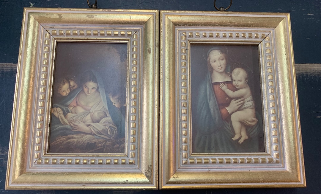 2 Vintage Italian Florentine Madonna and Child Prints in Gold Frames ...