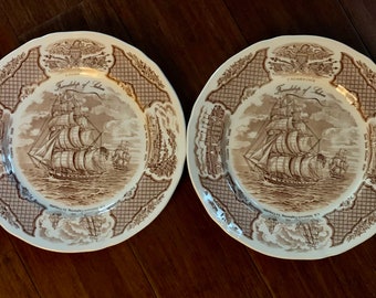 2 English Ironstone Brown Transferware, dinnerplates by alfedmeakin and Fairwinds Pattern