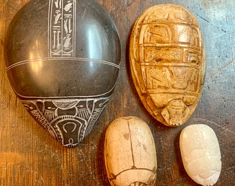 Vintage Carved Stone Scarab Collection Egyptian Heiroglyphics Decor Dark Acedemia Library Shelf Curiosity Cabinet Ritual Altar Tools Shrine