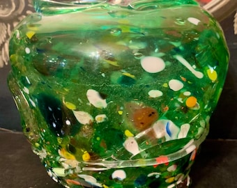 Vintage Signed Handblown Art Glass Vase Green Glass Catherine L Tietz Boring 1998 Fishbowl Confetti Art Glass Bowl