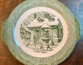 Vintage Romantic Green Transferware Platter Victorian Christmas Scene Plate Wall Currier & Ives Victorian Plate Antique Green Transferware P