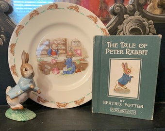 1948 Beswick Peter Rabbit Vintage Peter Rabbit Book & Vintage Bunnykins Plate Nursery Decor Cottagecore Beatrix Potter Childs Room decor