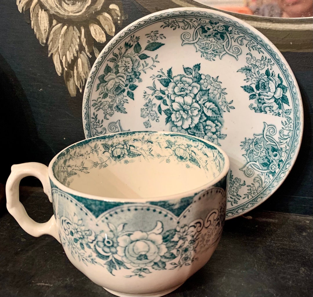 Antique English Ironstone Teacup & Plate Mismatched Green Transferware