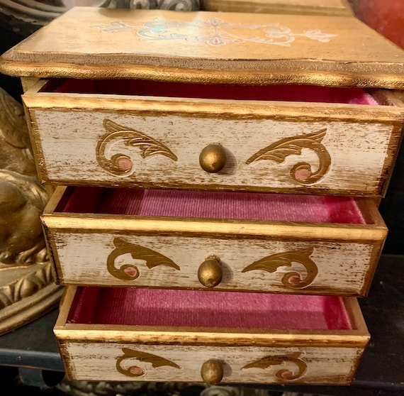 Vintage Gold & Pink Florentine wood Jewelry Box w… - image 2