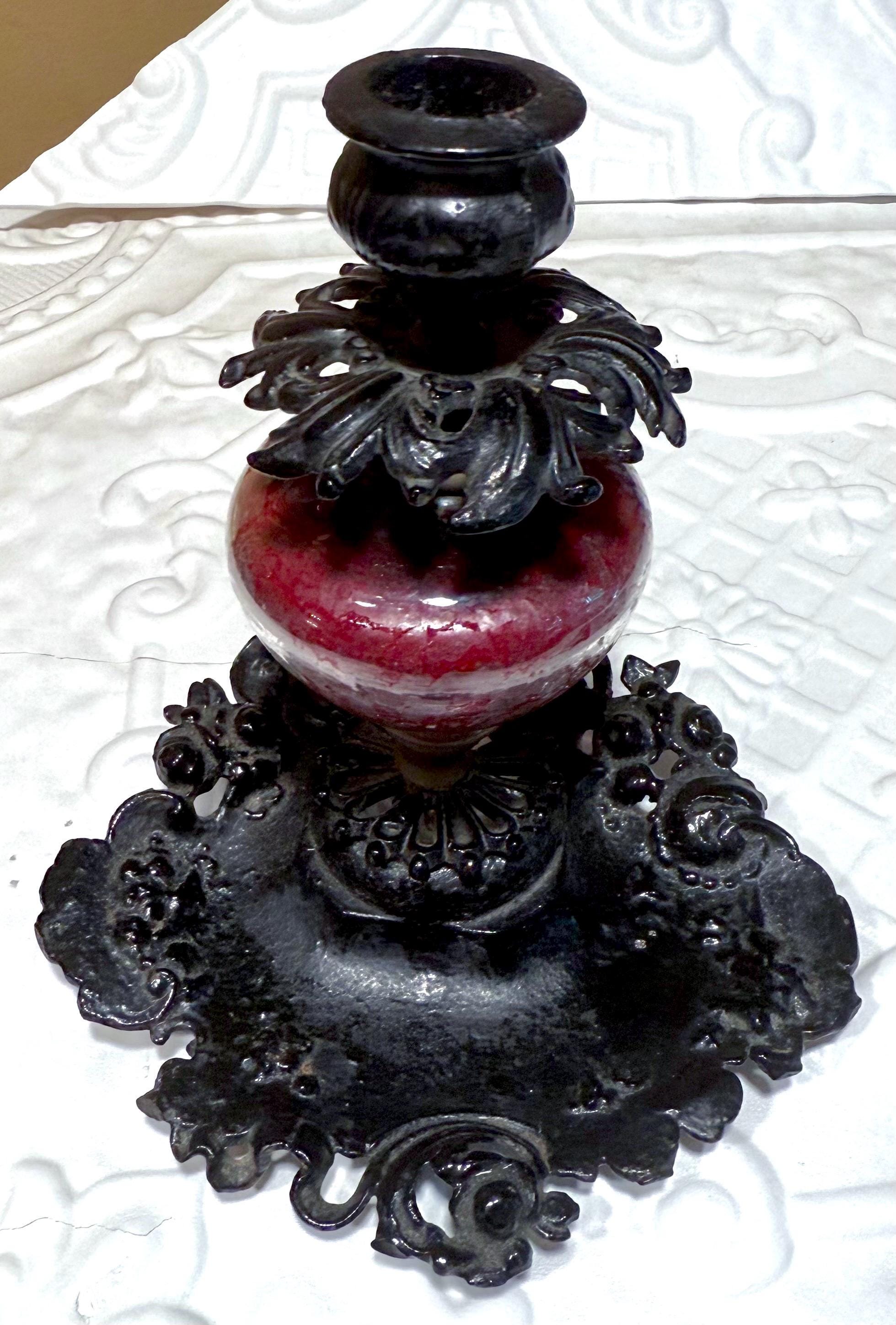 Antique French Chateaucore Black Cast Iron  &  Red Glass Candle Holder Dark Acedemia Library Decor Chamberstick candle stick