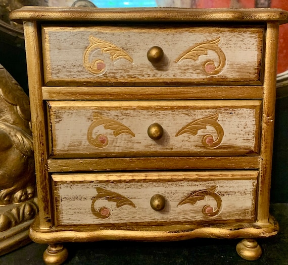 Vintage Gold & Pink Florentine wood Jewelry Box w… - image 1