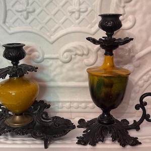 Pair of Antique French Chateaucore Candlesticks Black Cast Iron & Yellow  Mottled Wood Dark Acedemia Library Decor Chamberstick candlestick