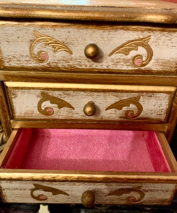 Vintage Gold & Pink Florentine wood Jewelry Box w… - image 3