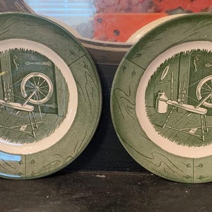 2 Vintage Green Transferware Plate Gallery Wall Colonial Homestead circa 1750 Spinning Wheel Table Setting Antique Green Transferware