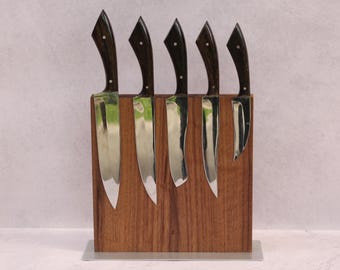 Walnut Magnetic Knife Block - Large, Wooden Knife Holder, Knife Magnetic Stand, Walnut Wood, Kitchen knives storage, 24 cm knife length.