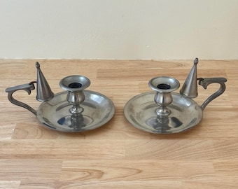 Pair of Vintage John Starvish Pewter Chambersticks With Snuffers