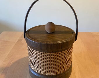 Vintage Kraftware Wicker and Wood Grain Vinyl Ice Bucket