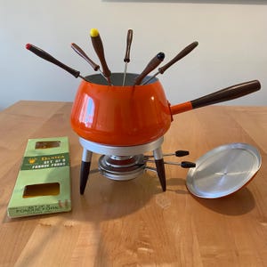 Vintage Orange Fondue Set with 6 Danica Fondue Forks