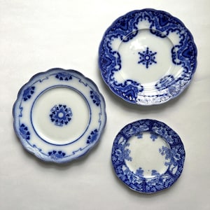Flow Blue English Transferware Mismatched Antique Plates - Stunning Set of 3