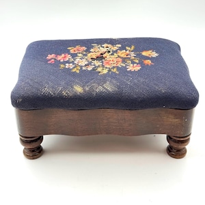 Footstool With Distressed Floral Needlepoint Tapestry, As Is