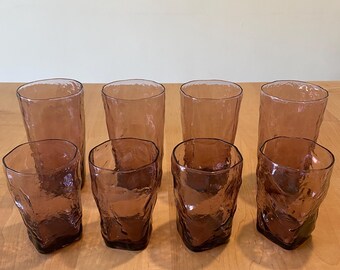 Set of 8 Vintage Amethyst Wavy Glass Tumblers, Purple Textured Barware