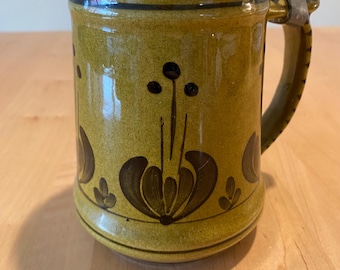 Vintage Austrian Stoneware Beer Stein with Pewter Lid, GK Austria Tankard, Rustic Olive Green Floral Mug, European Tavern Decor