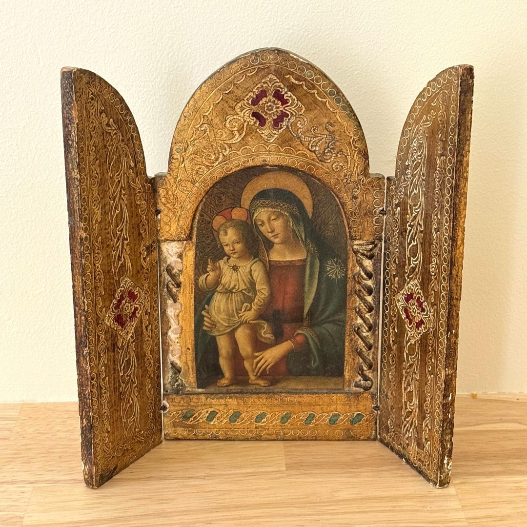 Vintage Florentine Gilt Wood Hinged Triptych With Madonna and Child ...