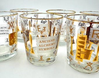 Libbey 1960s “Ancient Alchemy Symbols” Rocks Glasses, Set of Six