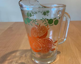 Vintage 1970s Glass Pitcher with Citrus Orange & Green Fruit Print