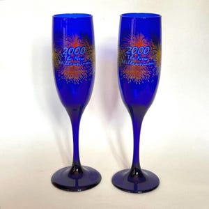 Vintage Cobalt Blue Champagne Flutes: Y2K New Millennium Pair