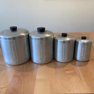 Vintage Aluminum Canister Set – Flour, Sugar, Coffee, Tea – Mid-Century Kitchen Storage