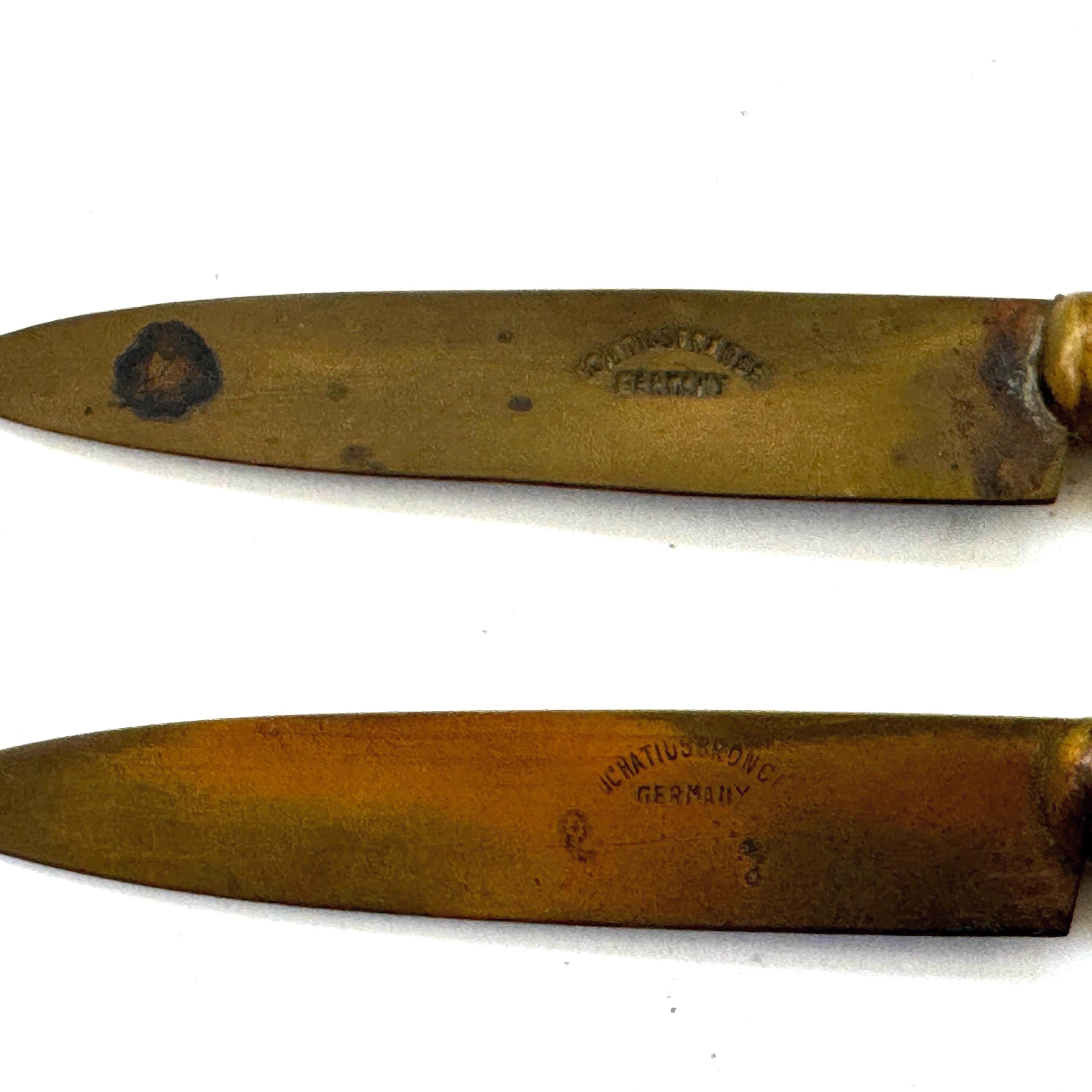 Antique Uchatius Bronce Fruit Knives: German Blue White Ceramic