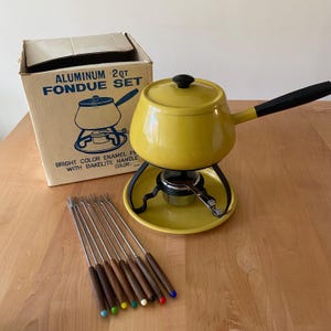 Vintage Yellow Fondue Pot Set with Bakelite Handle & 8 Color-Coded Forks | Mid Century Enamel Fondue Set with Original Box