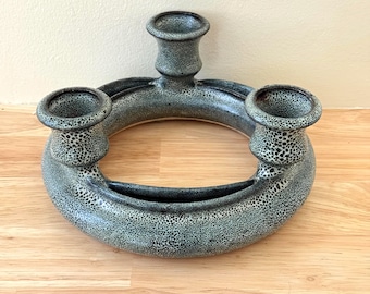 Vintage Studio Pottery Round Three-Holder Candelabra With Speckled Blue Glaze