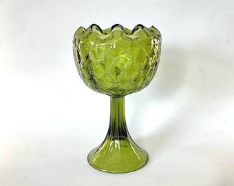 Indiana Glass Avocado Green Compote, Duette Pattern, 1970s Pedestal Vase