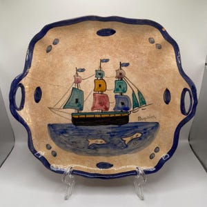 Vintage Mediterranean Hand Painted Sailboat and Fish Pottery Wall Hanging Plate by Roubini, Pretty Pastels