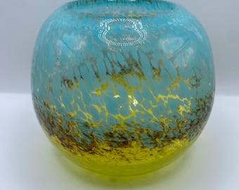 Vintage Mid Century Modern Hand-Blown Glass Vase - Aqua Blue And Amber Speckled Glass