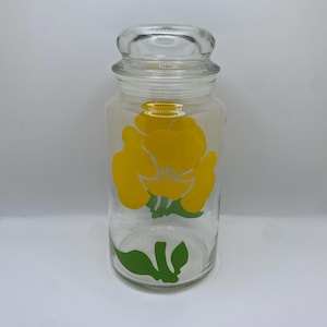 Vintage Glass Canister with Yellow Poppy Flower – 1970s Retro Kitchen Jar with Lid