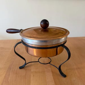Vintage Copper Chafing Dish With Wood Handle and Knob With Wrought Iron Stand