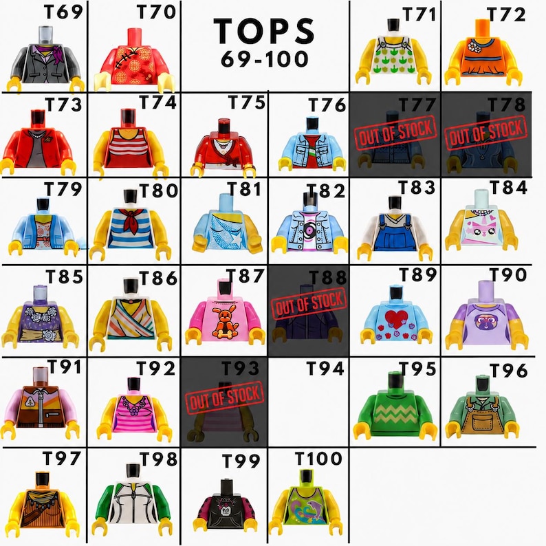 Op de afbeelding: Een raster van diverse plastic torso-onderdelen voor speelfiguren met het label TOPS 69-100. Elke torso heeft unieke kleuren, patronen en ontwerpen, waaronder shirts, jasjes en truien. Sommige items zijn gemarkeerd met een rode OUT OF STOCK stempel.