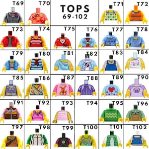 May include: A collection of Lego minifigure torsos, numbered 69-102, featuring various designs. The torsos display a range of colors and patterns, including jackets, shirts, and overalls. The word "TOPS" is printed at the top.
