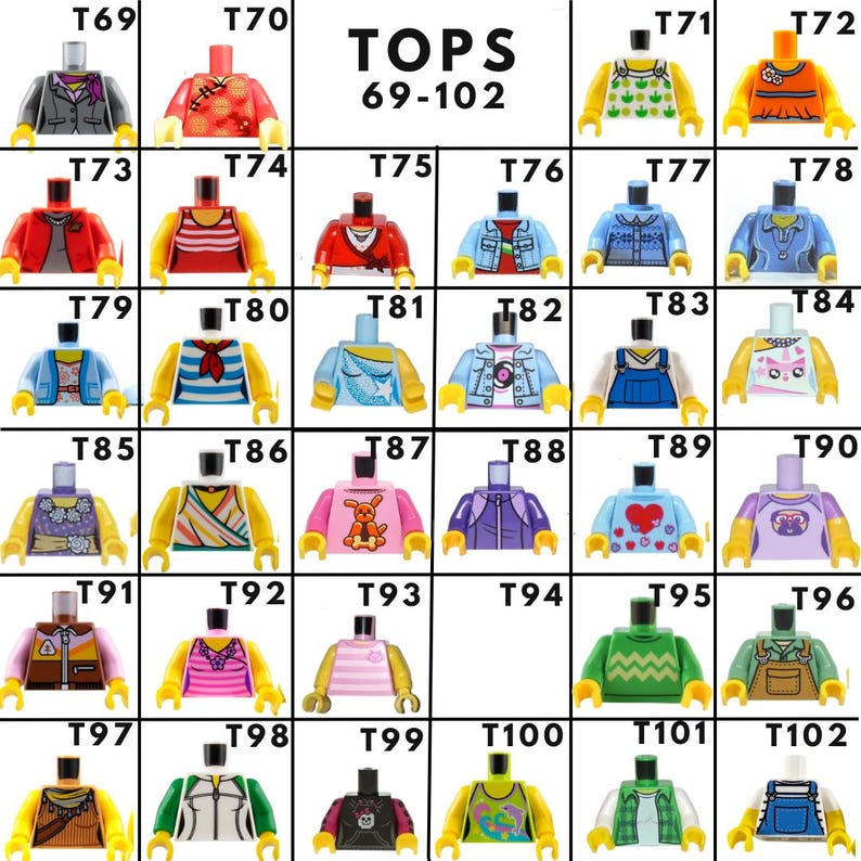 May include: A collection of Lego minifigure torsos, numbered 69-102, featuring various designs. The torsos display a range of colors and patterns, including jackets, shirts, and overalls. The word "TOPS" is printed at the top.