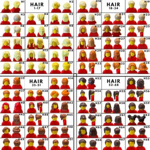 May include: A grid of Lego minifigure heads with various hairstyles, including blonde, brown, and black. The image is labeled "HAIR" with number ranges 1-17, 18-34, 35-51, and 52-68, indicating different hair styles.