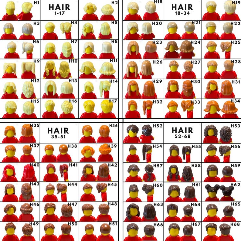 May include: A grid of Lego minifigure heads with various hairstyles, including blonde, brown, and black. The image is labeled "HAIR" with number ranges 1-17, 18-34, 35-51, and 52-68, indicating different hair styles.