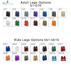 Op de afbeelding: Een raster van plastic speelgoedfiguur-beenonderdelen met het label Adult Legs Options b1-b16 en Kids Legs Options kb1-kb15. De afbeelding toont verschillende effen kleuren, waaronder zwart, blauw, grijs, paars, beige, wit, groen, rood, bruin en oranje.