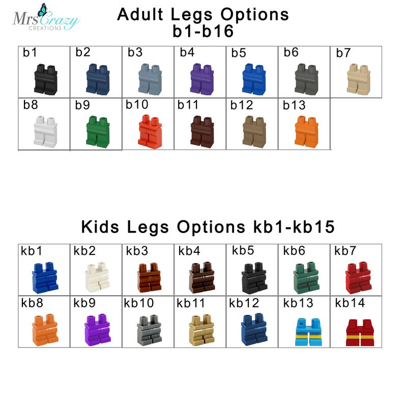 Op de afbeelding: Een raster van plastic speelgoedfiguur-beenonderdelen met het label Adult Legs Options b1-b16 en Kids Legs Options kb1-kb15. De afbeelding toont verschillende effen kleuren, waaronder zwart, blauw, grijs, paars, beige, wit, groen, rood, bruin en oranje.