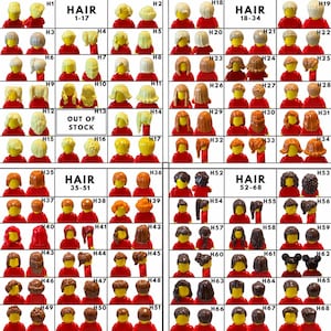 Op de afbeelding: Een raster van plastic haarstukjes voor speelfiguren, gelabeld van H1 tot H68, met diverse stijlen, lengtes en kleuren zoals blond, bruin, zwart en grijs. Elk item toont voor- en achteraanzichten op rode torso's, H13 is niet op voorraad.