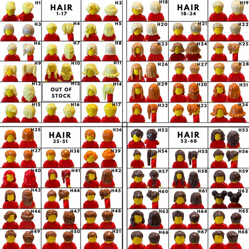 Op de afbeelding: Een raster van plastic haarstukjes voor speelfiguren, gelabeld van H1 tot H68, met diverse stijlen, lengtes en kleuren zoals blond, bruin, zwart en grijs. Elk item toont voor- en achteraanzichten op rode torso's, H13 is niet op voorraad.