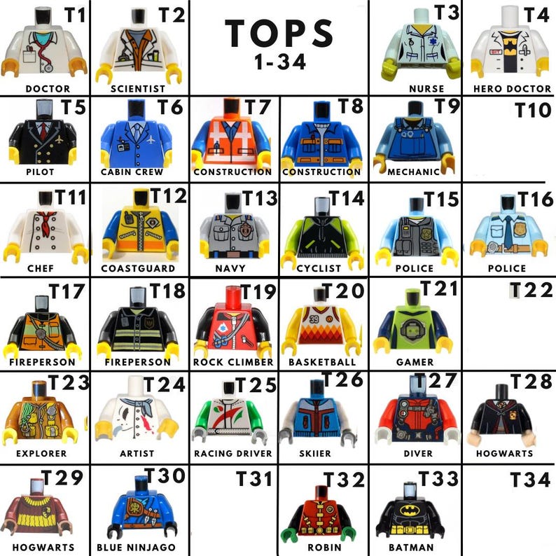Op de afbeelding: Een raster van 33 plastic speelgoedfiguur-rompen gelabeld T1 tot en met T34, exclusief T10 en T22. Elke romp heeft verschillende kleuren en bedrukte ontwerpen die diverse beroepen en personages vertegenwoordigen, waaronder medische thema's.