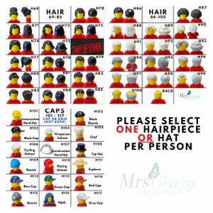 Op de afbeelding: Een raster van diverse plastic haardelen en hoeden voor speelfiguren, gelabeld H69 tot en met H117, inclusief stijlen zoals mutsen, helmen en petten. Tekst bevat: HAIR 69-85, HAIR 86-100, CAPS 101-117, OUT OF STOCK en PLEASE SELECT ONE HAIRPIECE OR HAT PER PERSON.