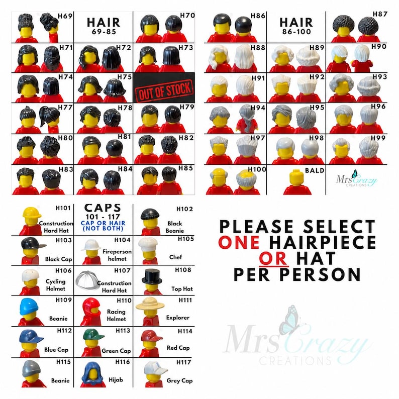 Op de afbeelding: Een raster van diverse plastic haardelen en hoeden voor speelfiguren, gelabeld H69 tot en met H117, inclusief stijlen zoals mutsen, helmen en petten. Tekst bevat: HAIR 69-85, HAIR 86-100, CAPS 101-117, OUT OF STOCK en PLEASE SELECT ONE HAIRPIECE OR HAT PER PERSON.