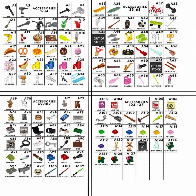 Op de afbeelding: Een raster met miniatuur speelgoedaccessoires genummerd van A1 tot A127, waaronder etenswaren, muziekinstrumenten, sportartikelen, gereedschap en diverse huishoudelijke voorwerpen, waarbij sommige vakjes zijn gemarkeerd als niet op voorraad.