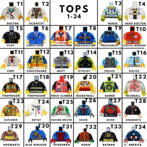 May include: A collection of 34 Lego minifigure torsos, each with a unique design representing various professions and characters. The torsos are numbered and labeled with job titles like "Doctor," "Scientist," and "Batman." The image is a grid of colorful, detailed designs.