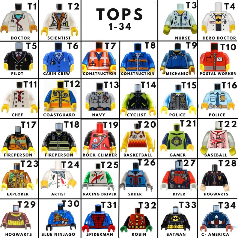 May include: A collection of 34 Lego minifigure torsos, each with a unique design representing various professions and characters. The torsos are numbered and labeled with job titles like "Doctor," "Scientist," and "Batman." The image is a grid of colorful, detailed designs.